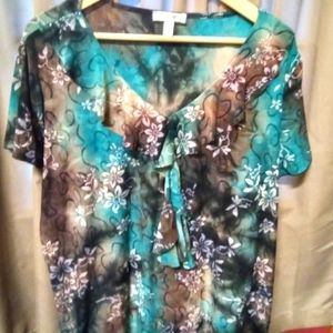 Dress Barn blue green ruffle v-neck blouse